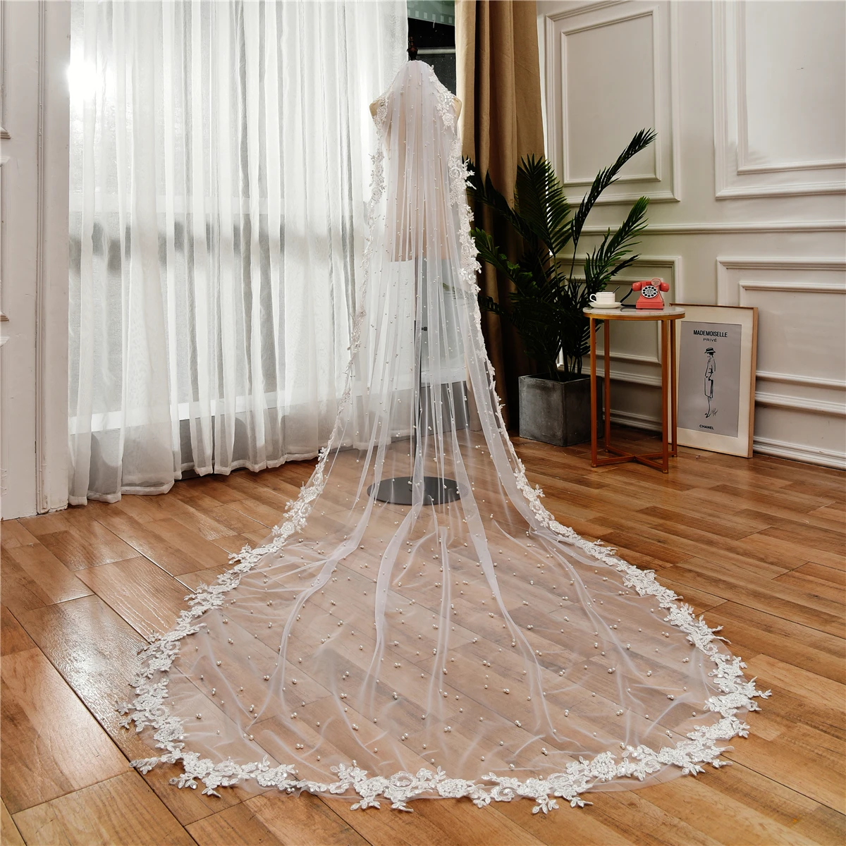 75-350cm branco/marfim pérolas véu de noiva com comprimento da catedral do pente com borda do laço applique velos de noiva véu de noiva do casamento