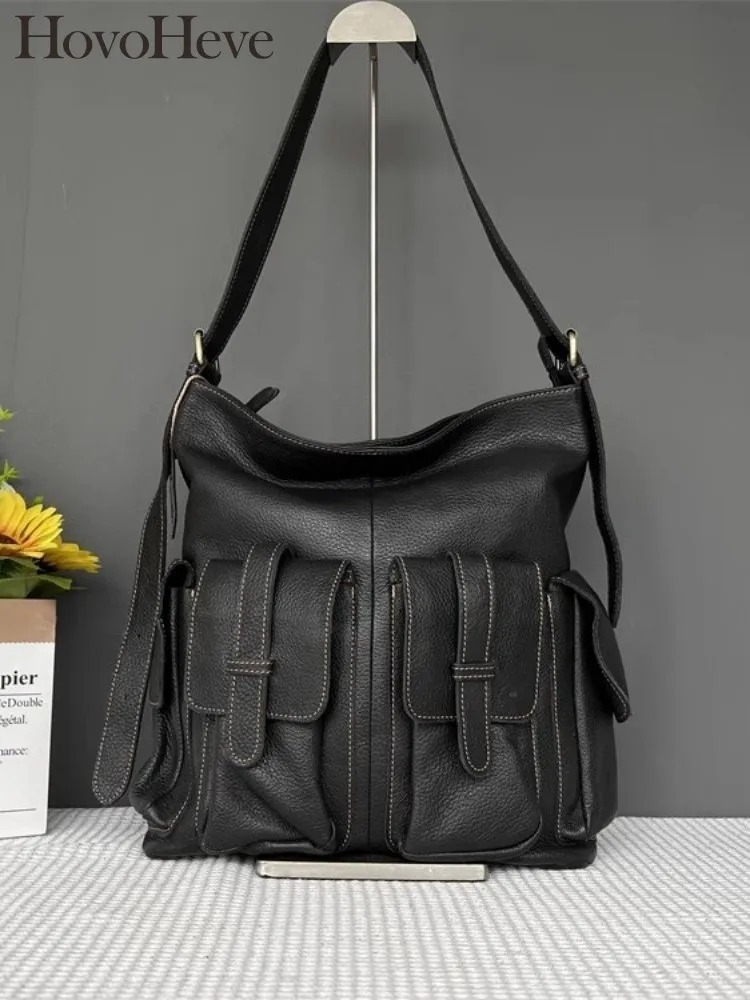 Punk Style Women Genuine Leather Multiple Pockets Motorcycle Bag Solid Color Casual Single Shoulder Bag Female Crossbody Bags