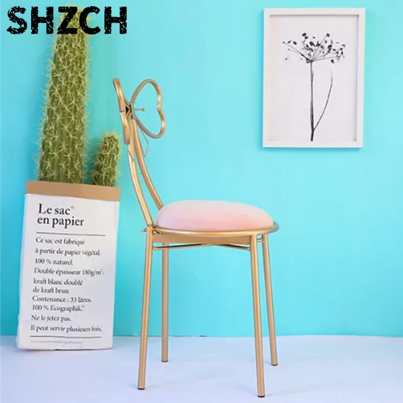 Nordic Bow Tie Backrest Bar Stool with Cushion, Gold Iron Leg Princess Makeup Chair for Cafe Salon Kitchen Spa