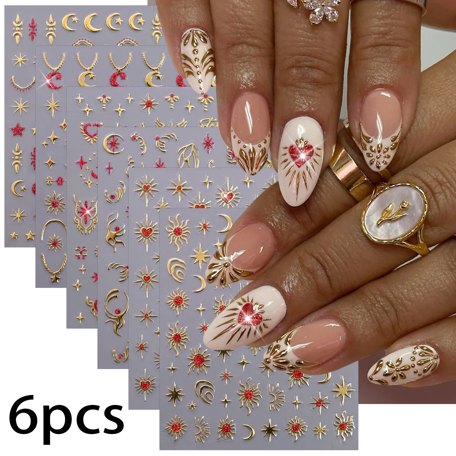 6Pcs 3D Bronzing Sun Star Moon Chains Nail Stickers Y2K Red Glitter Starlight Love Heart Self Adhesive Sliders DIY Nail Decals