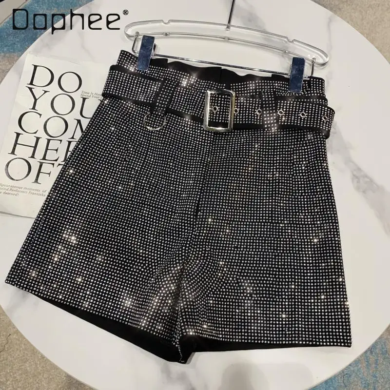 

Sexy Girl Fashion Rhinestone Short Shorts 2024 Summer New Full Leg Hot Drilling Heavy Industry Shiny Belt Tide Womens Shorts