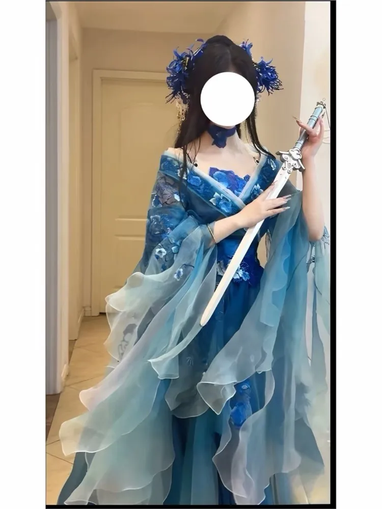 New blue Hanfu women's gradient embroidery ancient costume dance performance set
