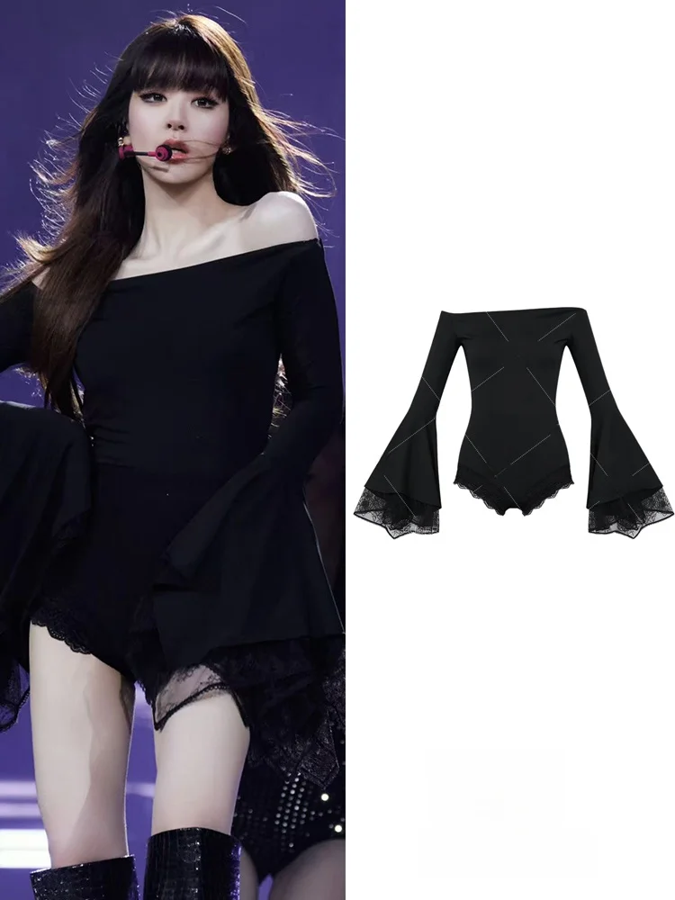 Sexy Lace Splice Bell Sleeve One Shoulder Top Shorts Set for Zhao Lusi Concert Performance Chinese Brand CICIZHUANG Stage Cos...