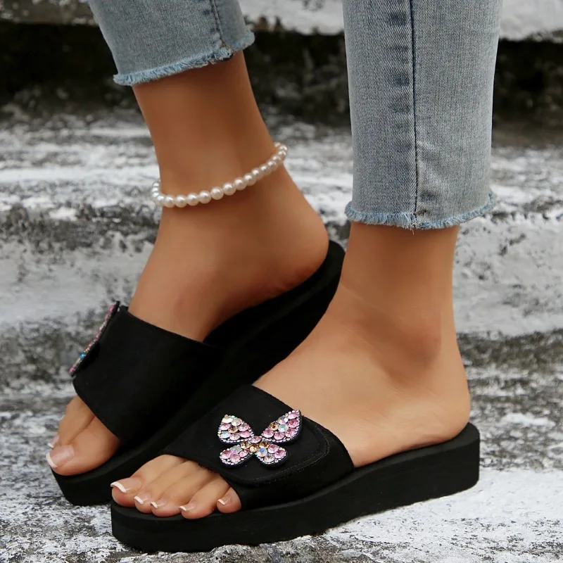 Fashionable Butterfly Thick Heel Slippers Women Large Size Slope Heel Flat Summer Casual Style round Head EVA Bottom Shoes