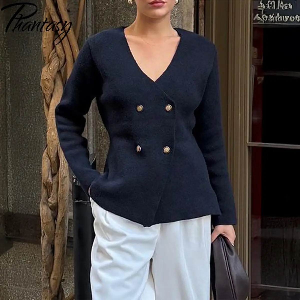 Phantasy Autunno Nuovo Colore Solido Con Scollo A V Sottile Decorazione Dei Bottoni Maglione A Maniche Lunghe Semplice Maglione A Maniche Lunghe Abbigliamento da Donna