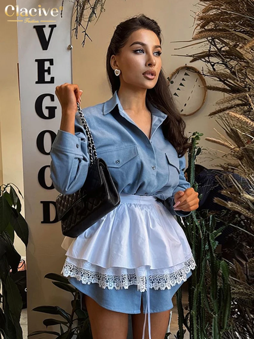 Clacive Fashion Loose Blue Denim Women\'s Two Pieces Set 2025 Elegant Long Sleeve Blouses With High Waist Mini Skirt Set Female