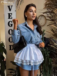 Clacive Fashion Loose Blue Denim Women's Two Pieces Set 2025 Elegant Long Sleeve Blouses With High Waist Mini Skirt Set Female