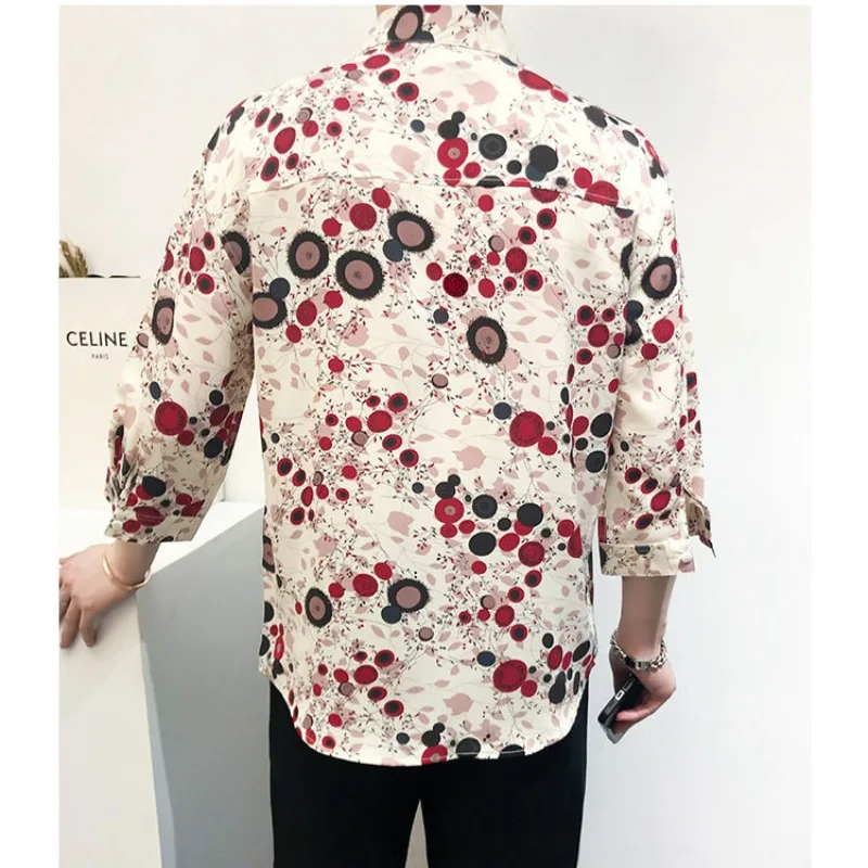 Retro Trendy Summer New Print Men\'s Ice Silk Fabric Single Row Multi Button Fashion Versatile Casual 3/4 Sleeve Shirt Tops