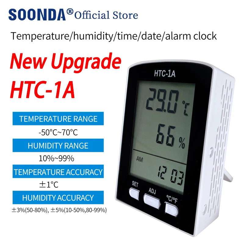 New 5 in 1 HTC-1A LCD Electronic Digital Temperature and humidity meter with time Thermometer Hygrometer Indoor Outdoor Weather