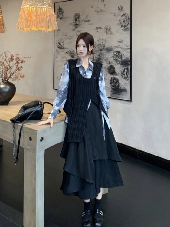

plus Size Women's Vintage High Waist Asymmetric Vest irt Autumn New Sle Trendy f Skirt Pants Faion Set Korean Sle