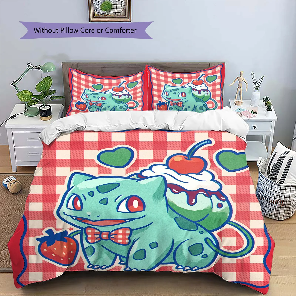 Bulbasaur Patterned Pillowcase & Duvet Cover Set Bedroom Decor Anime Bedding Ideal Gift Choice for Anime Fans.-TING