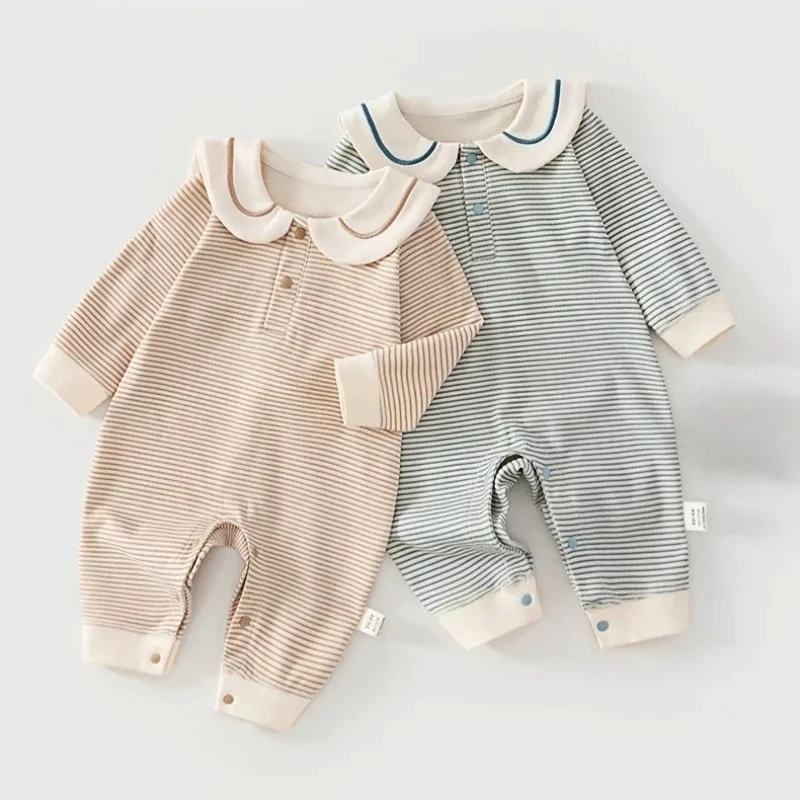 2026 Spring Cotton Newborn Jumpsuit Baby Bodysuits 0-24M Boys Girls Sailor Collar Stripe Boneless Soft Romper