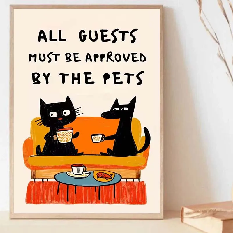 

Funny "All Guests Must Be Cat Approved" Home Decor, Wall Art Prints and Posters Canvas Print Abstract Cats Living Room Decor