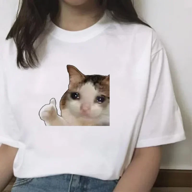 

Sad Cat Meme Women's T-shirt Funny Graphic Short Sleeve T Shirt Comfortable Soft Casual Clothing Funny Daily Wear Clothing y2k
