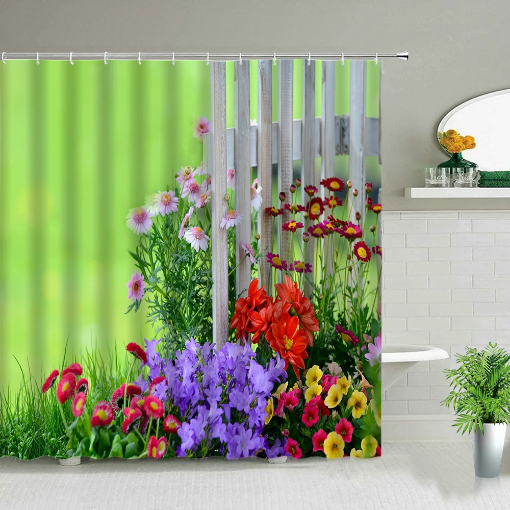 

Colorful Floral plant Shower Curtain Garden Green Leaf Florla Pond Park Scape Bathroom Decor Waterproof Bath Curtains with Hooks