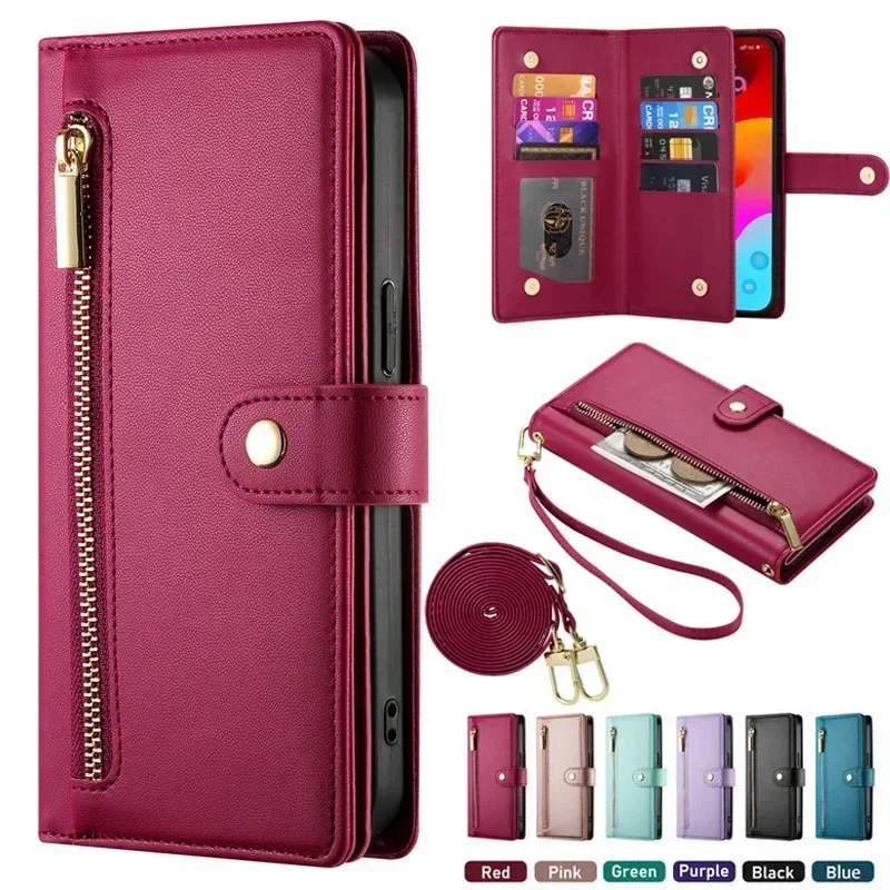 

Чехол через плечо для Oppo Reno 12 Fs 12f 12 Pro 13 F 5g 4g Flip Zip Wallet с 9 слотами для карт 12 Fs 10 11a 11f 12fs Кожаный чехол Funda