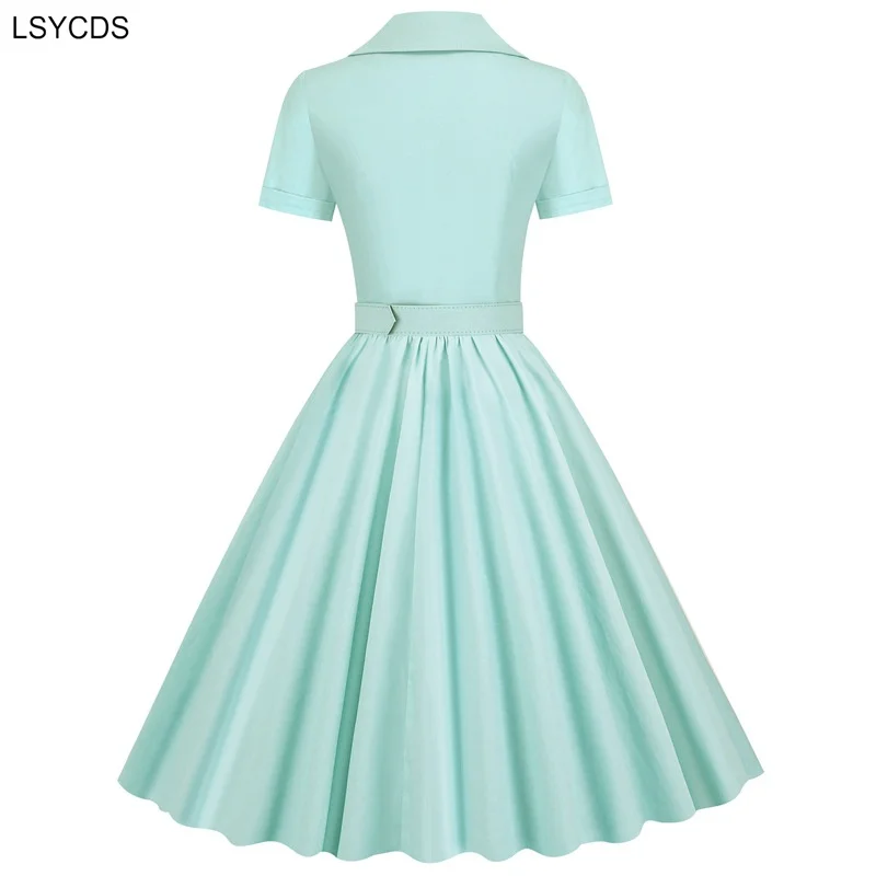 LSYCDS Solid Cotton Long Women Party Dress Robe Button Up Plain Vintage Elegant Short Sleeve Belted Pleated Midi Swing Dresses