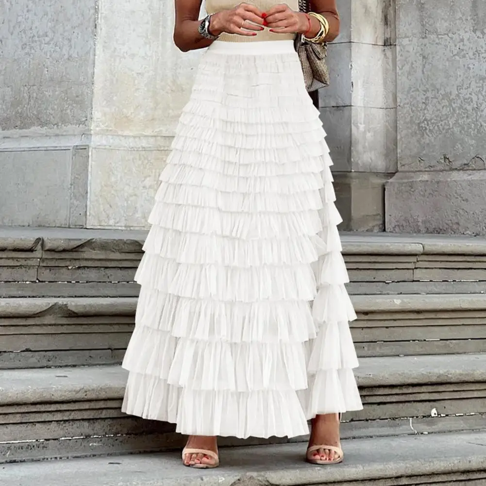 Falda de cintura elástica para mujer, elegante falda de línea a multicapa con cintura alta elástica, Falda larga de Color sólido, malla de gasa