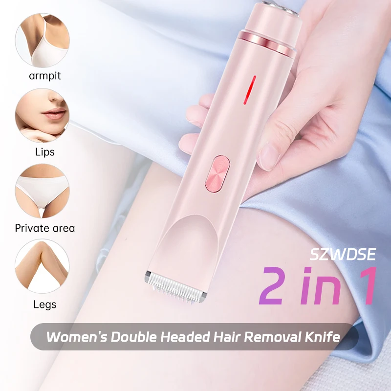 2 in 1 Dual-Head Painless Women Electric Razors Bikini Trimmer Wet Dry Use for Ladies Pubic Hair Detachable Head Electric Shaver