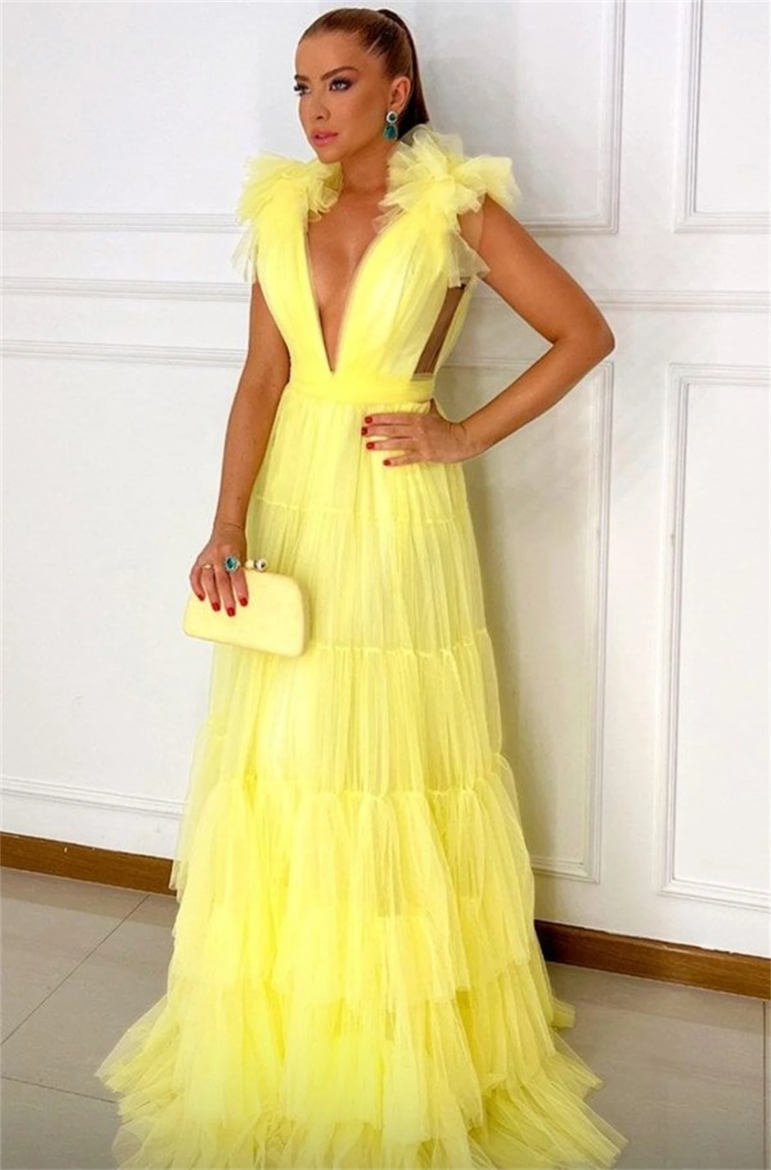 Bridesmaid Gala Dress Party Evening Elegant Luxury Celebrity Grace Gala Dresses 2024 Layered Collar Ball Gown Yellow Customized