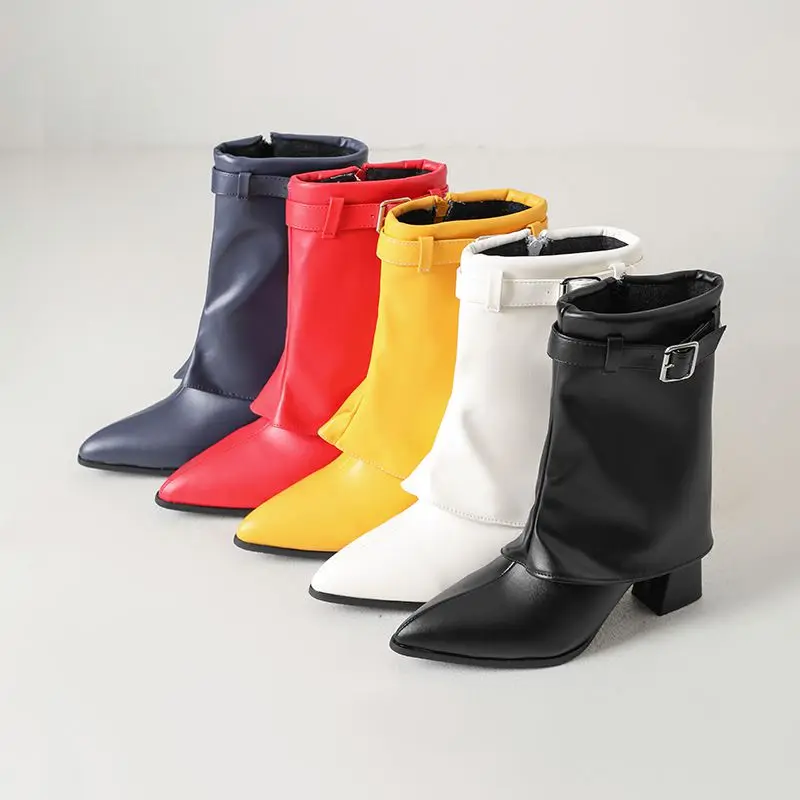 REAVE CAT Black Women Mid Calf Boots Pointed Toe 8.5cm Chunky Heels Zipper Sexy Dating Botas Big Size 47 48 49 50 Handmade Shoes view 3