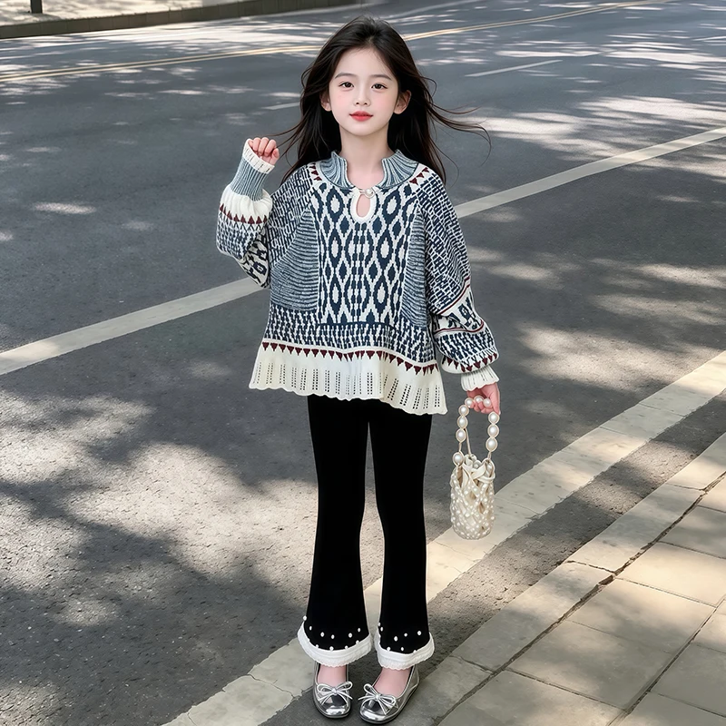 Girls Fair Isle Jacquard Sweater Keyhole Neck Puff Sleeve Scalloped Hollow Hem Kids Spring Autumn Knit Top 6-16Y