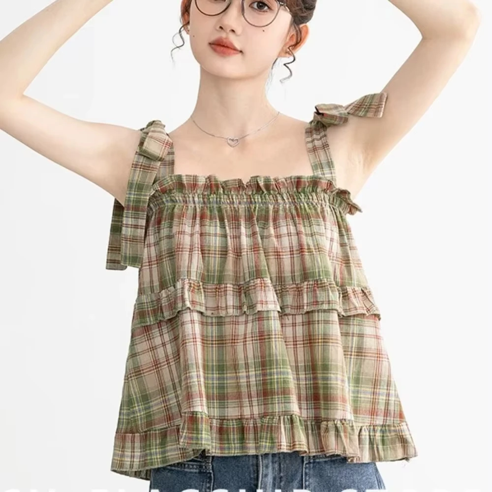 Y2K Hot Women Summer Acubi Japan Vintage Gyaru Tanks & Camis Lace Up Green Crop Top Plaid Strap Sleeveless Tank Tops Clothes