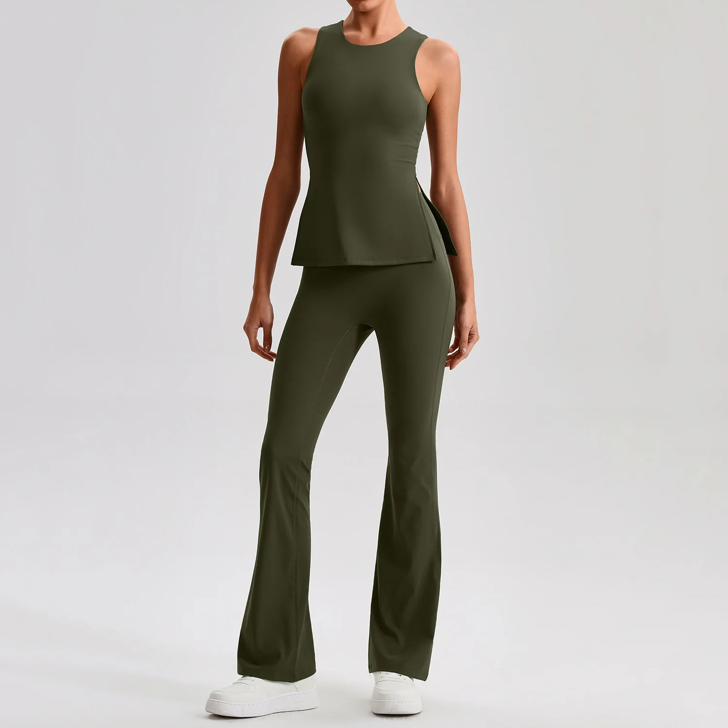 Solid Color Gym Yoga Set Leggings Flared Pant Fitness Short-Sleeved T-Shirt Top 2pc Suit Comprehensive Women Nylon Spandex