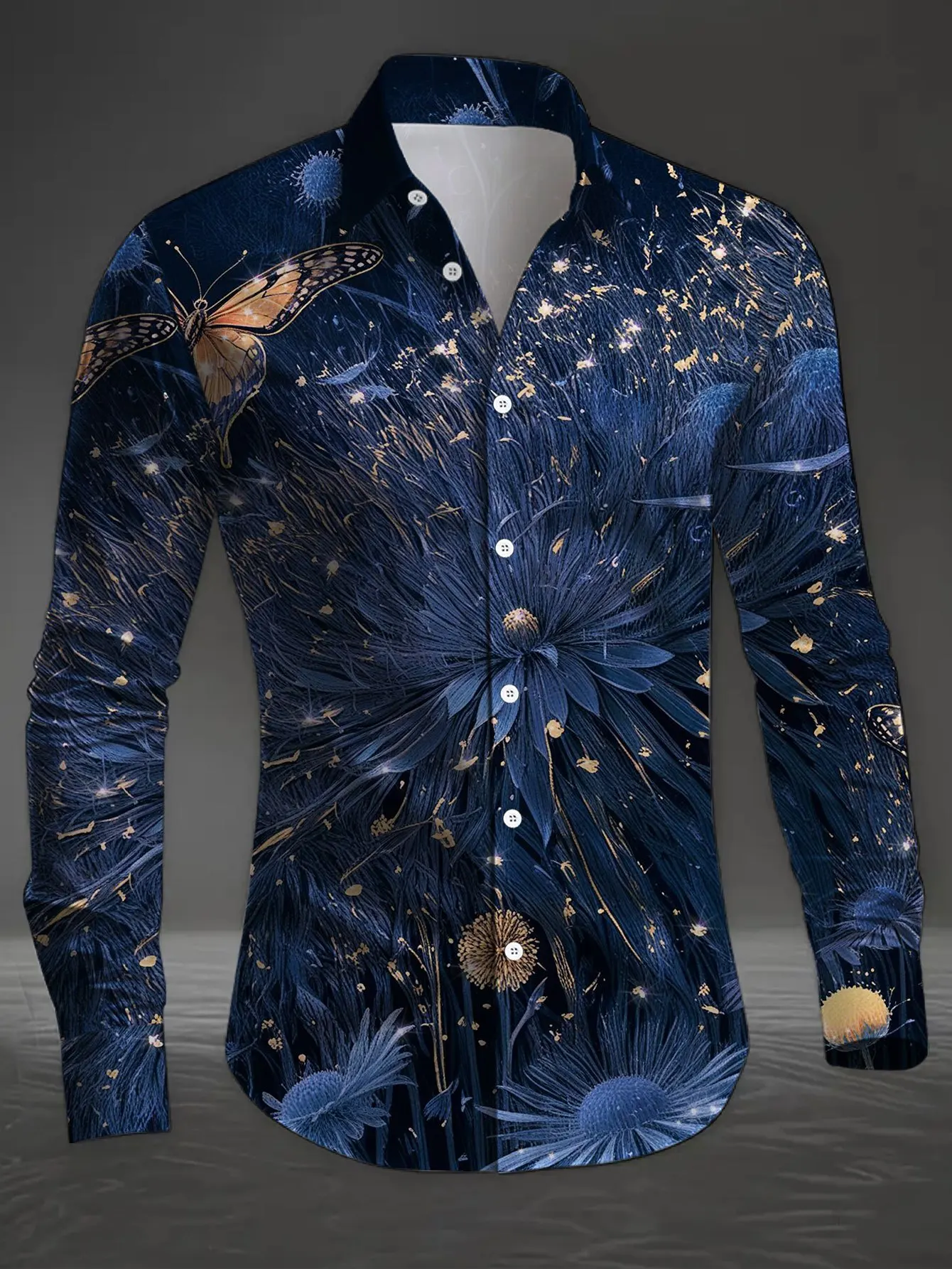 Men Long‑Sleeve Button‑Down Shirt Dark‑Blue Golden Butterfly Floral Star Print Polyester Lapel Collar Party