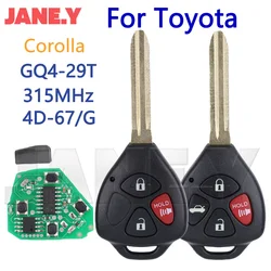 Car Keys For Toyota Corolla Venza 2010 2011 2012 2013 2014 2015 GQ4-29T Car Remote Key 4D 67 G Chip Transponder 314Mhz 315Mhz