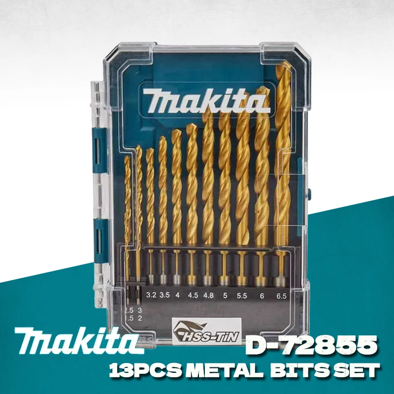 Makita D-72855 13pcs HSS-TiN Metal Drill Bit Set 1.5-6.5mm Titanium Coated Twist Drill Bits with Case for Steel Iron Drilling