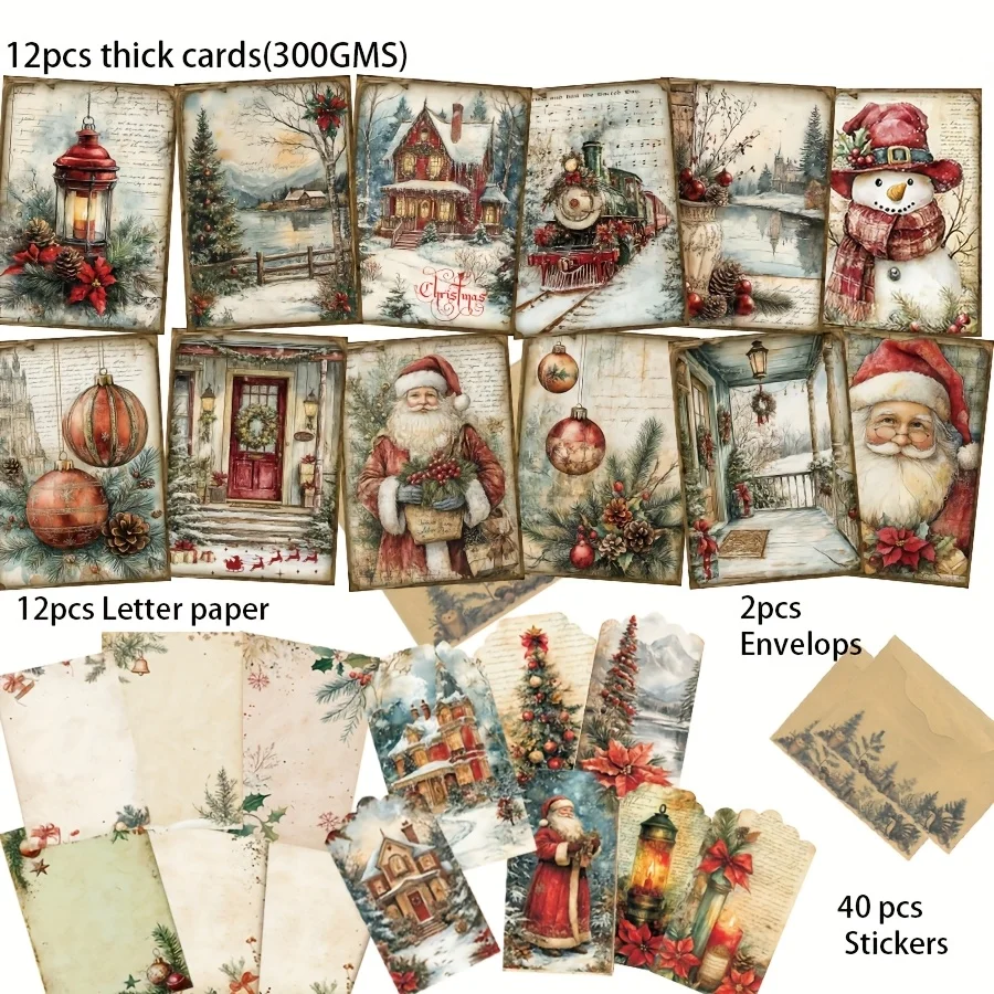 12 بطاقة + 12 ورق حروف + 2 ظرف + 40 ملصقًا مانع للتسرب لعيد الميلاد أنماط تحت عنوان بطاقة بريدية مناسبة للحرف اليدوية وديكور الألبوم #1