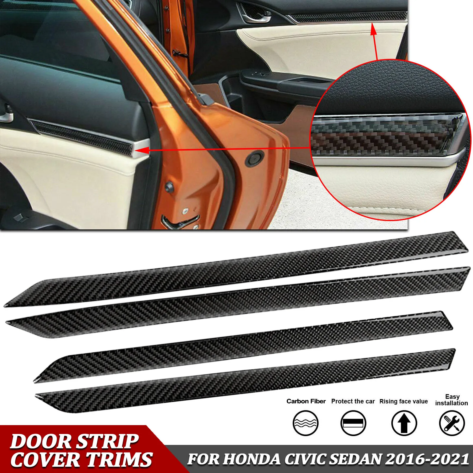 

4pcs/Set Genuine Carbon Fiber Door Panel Strip Decoration Cover Molding Trim For Honda Civic 10th Gen 4 Door 2016-2021 2020 2019