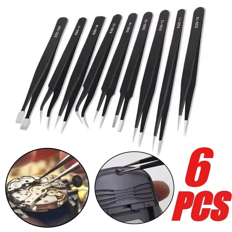 6PCS Stainless Steel Precision Anti-Static Tweezer Set for Modeling, Electronics Repair, Crafting Motorcycle Repair Tools