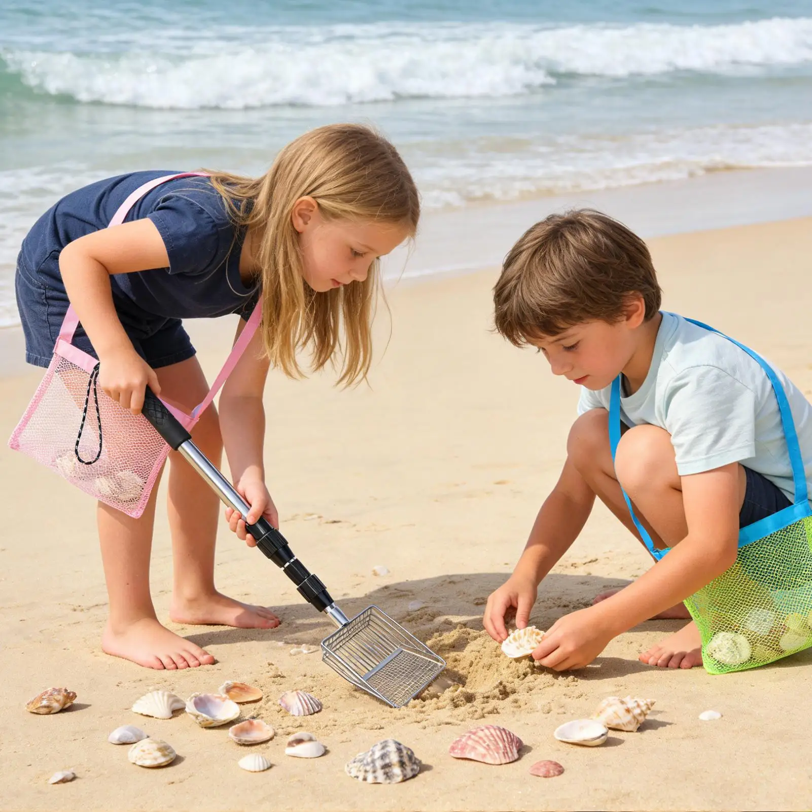 Shark Teeth Sifter For Beach Extendable Beach Sifter With Seashell Bags Sand Filter Scoop For Beachcombers Kids Teens Adults