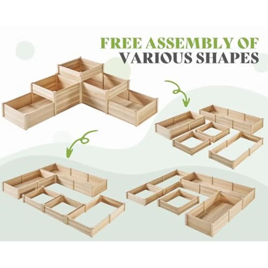 Outdoor 3-Tier Raised Garden Bed for Vegetables, Herbs Flowers Fir Wood, Natural Color, Shape-Adjustable with Dividers, Tool-Fr