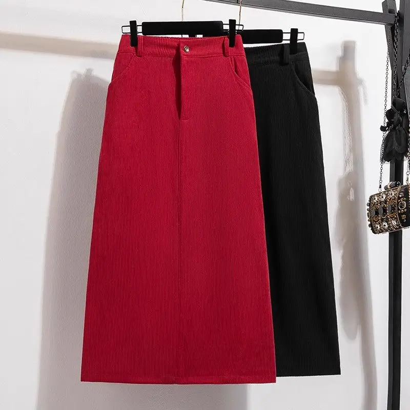 Red Corduroy Knit Skirt Mid Length Women's Autumn Winter Large Size Slimming A-Line Wrapped Hip Skirt Mujer Faldas A679