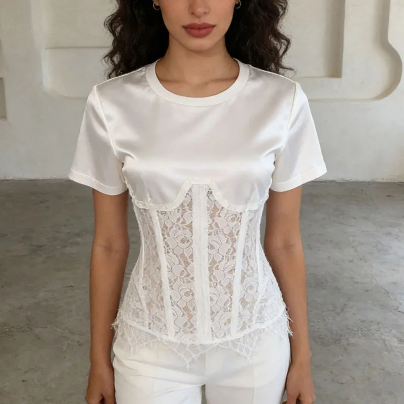 HKSH Women Sexy T-shirt O-neck Short Sleeves Patchwork Lace Hollow Out Sheer Waist Cinching Slim Fit Tee Chic Top Summer HK21628