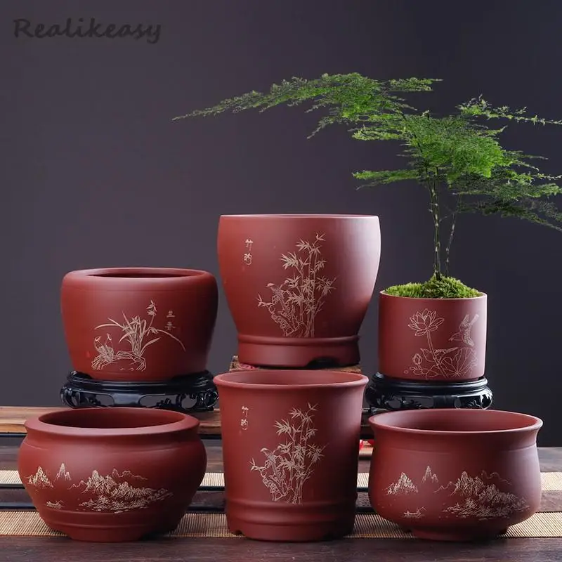 Chinese Ceramic Classical Flowerpot Round Red Pottery Purple Sand Zen Succulent Flowerpot Home Breathable Potted Flower Pot 1PCS