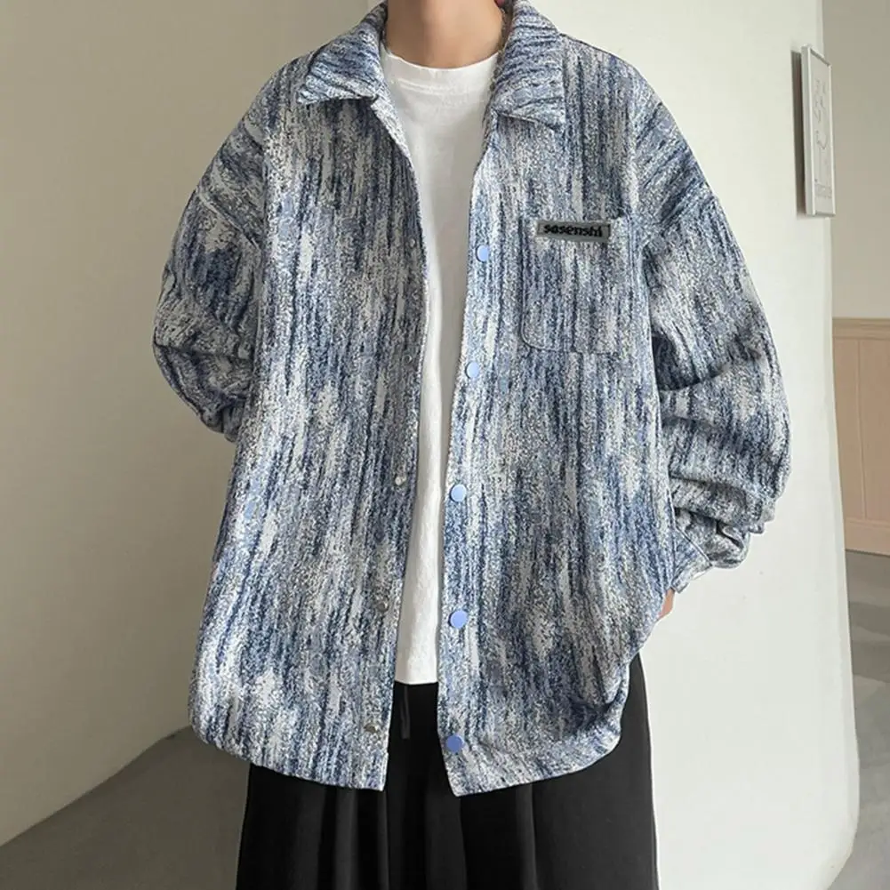 Retro Style Denim Shirt Men's Tie-dye Denim Coat with Lapels Chest Pockets Streetwear Outwear Jacket for A Stylish Look