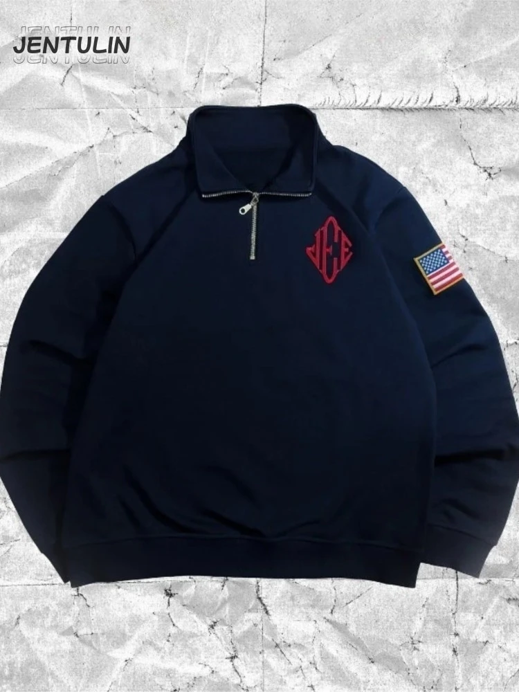 

Y2K Retro Sweatshirt Letter Embroidery Stand Collar Quarterzip Pullover Casual Sports Fashion Streetwear Women Oversized Hoodie