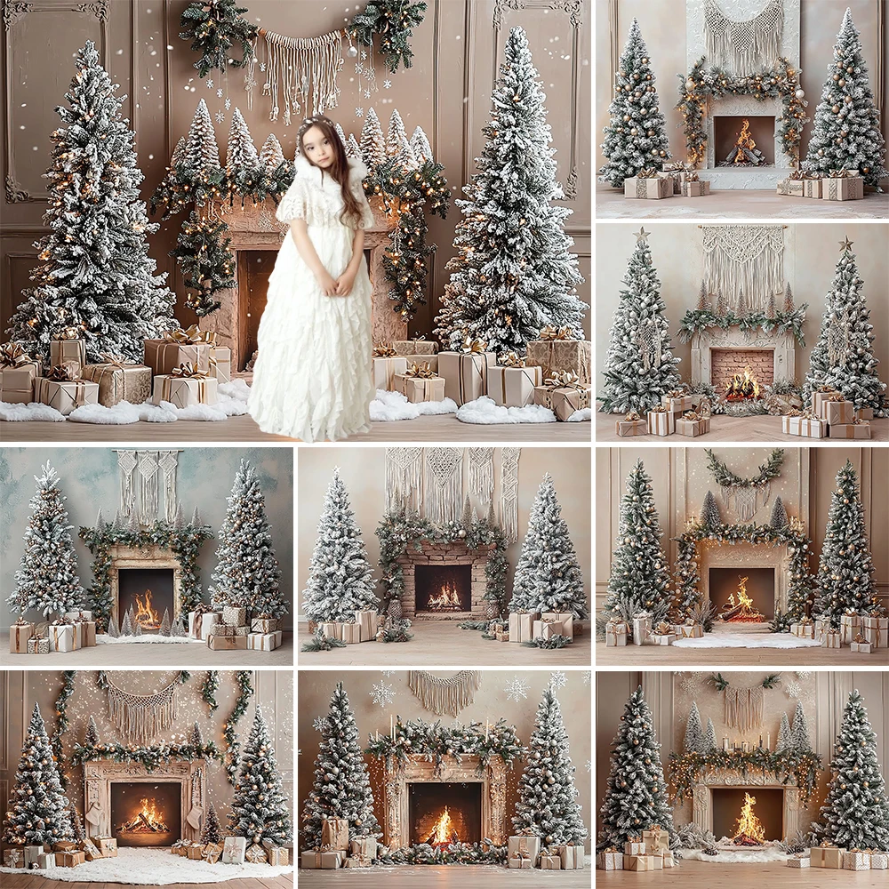 

White Christmas Photography Background Xmas Tree Fireplace Garland Holiday Decoration Boys Girls Photo Backdrop Studio Props