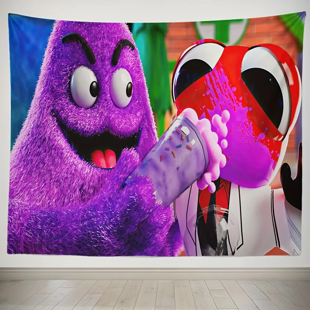 Interesting purple plush doll Digital printing polyester wall tapestry suitable for use living rooms bedrooms offices bars party