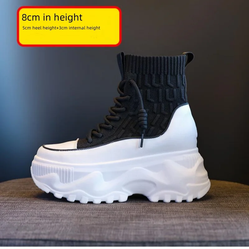 

Новые женские осенне-зимние ботинки длиной до середины икры на толстой подошве, 8 см, носки с поднятой высотой внутри, белые туфли с кексом