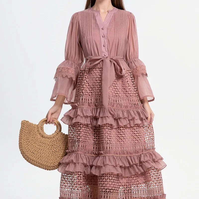 

Women French Elegant Gentle Wind Sleeves Hollow Lace Dress