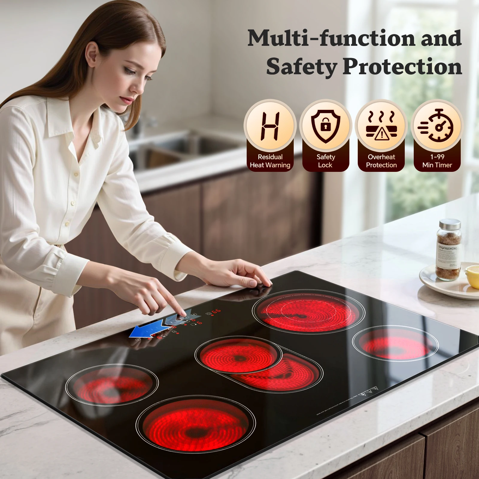 KICHPOWER 77 سم 5-Zone موقد سيراميك كهربائي 8500 وات مع تحكم باللمس وقفل أمان #4
