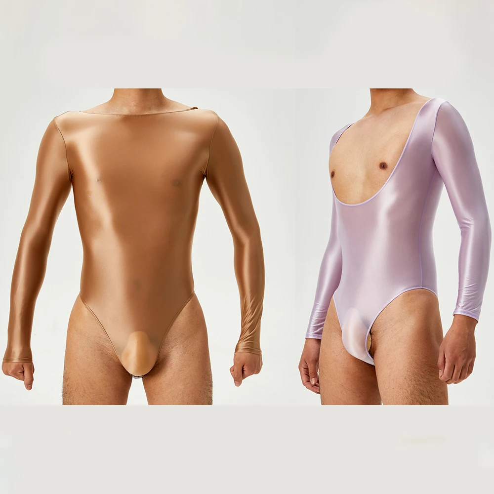 

2 Sides Wearable Glossy See Through Button Crotch Bodysuit Sexy Mens Long Sleeve Undershirts One-piece Romper Leotard Underwears