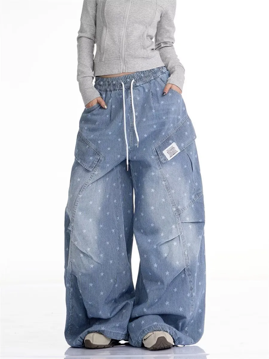 American Multi Pocket Retro Spring Autumn Star Print Denim Jeans Loose Wide Leg Casual Long Trousers for Men And Women