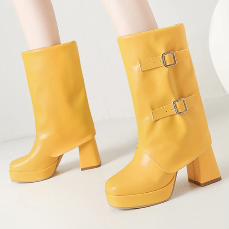Platform Mid-calf Boots For Women Autumn Winter Shoes Block High Heels Buckle Women's Short Boot Yellow Red Black Large size 50