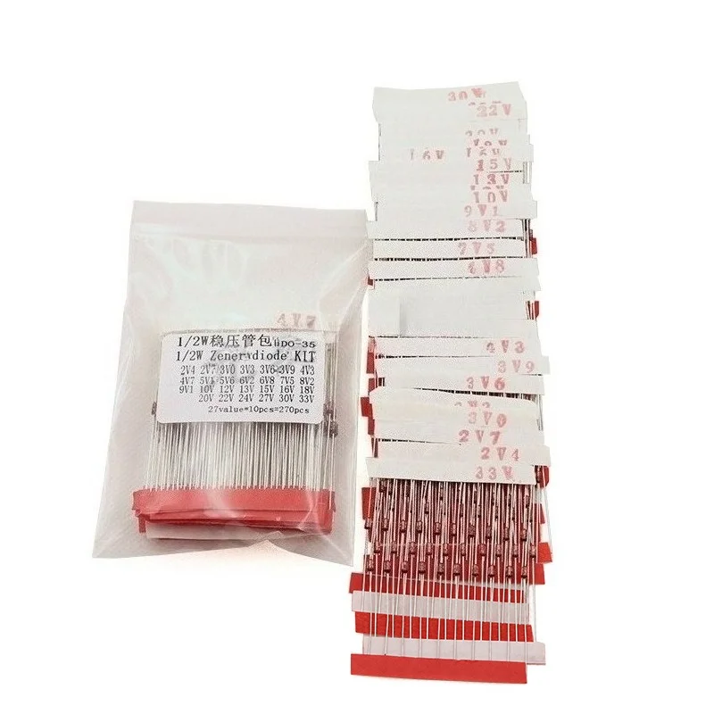 

270PCS Zener Diode Assortment Kit 0.5W 1/2W 2.4V To 33V 27 Values Through Hole Voltage Regulator Diode Set